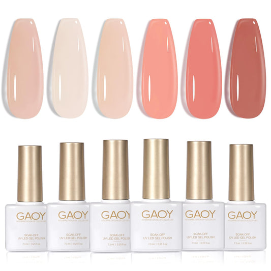 GAOY front packaging showing six sheer pink gel bottles, clear product overview