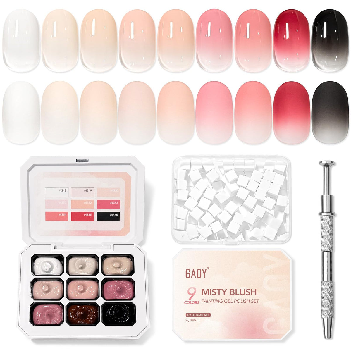 GAOY front packaging showing nine-color gradient set and compact case benefit