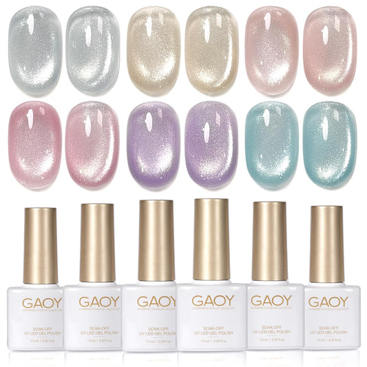 GAOY front packaging showing six glitter cat eye gel bottles and magnet for instant shimmer