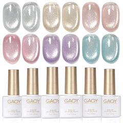 GAOY front packaging showing six glitter cat eye gel bottles and magnet for instant shimmer