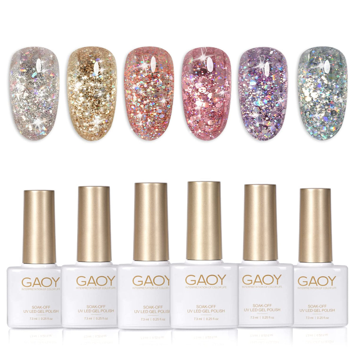 GAOY front packaging showing six glitter gel bottles and color range for easy selection