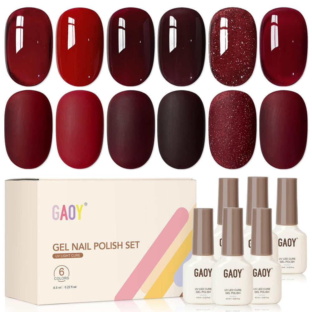 GAOY front packaging showing six red gel bottles and kit layout for easy selection