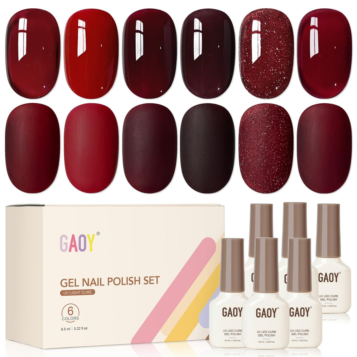 GAOY front packaging showing six red gel bottles and kit layout for easy selection