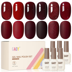 GAOY front packaging showing six red gel bottles and kit layout for easy selection