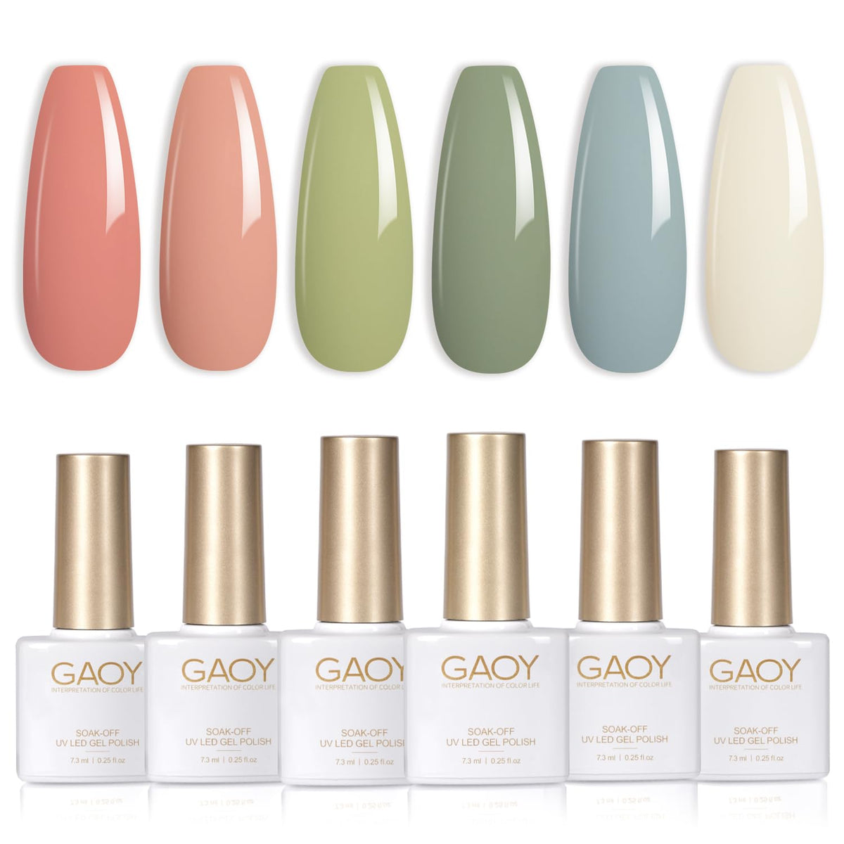 GAOY front packaging showing six spring gel polish bottles and kit benefits