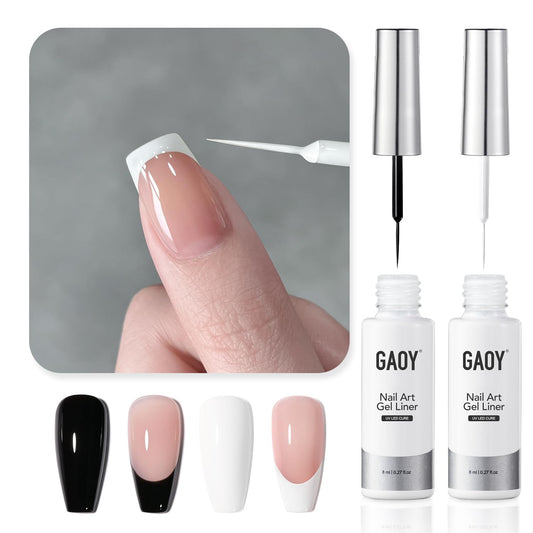 GAOY front packaging showing black and white gel liner bottles and labels, clear product view