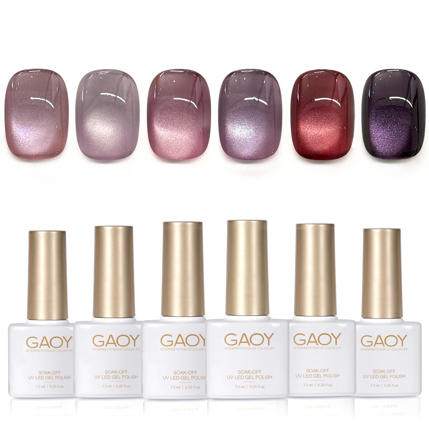 GAOY front packaging showing six vivid violet bottles and included magnet for quick selection