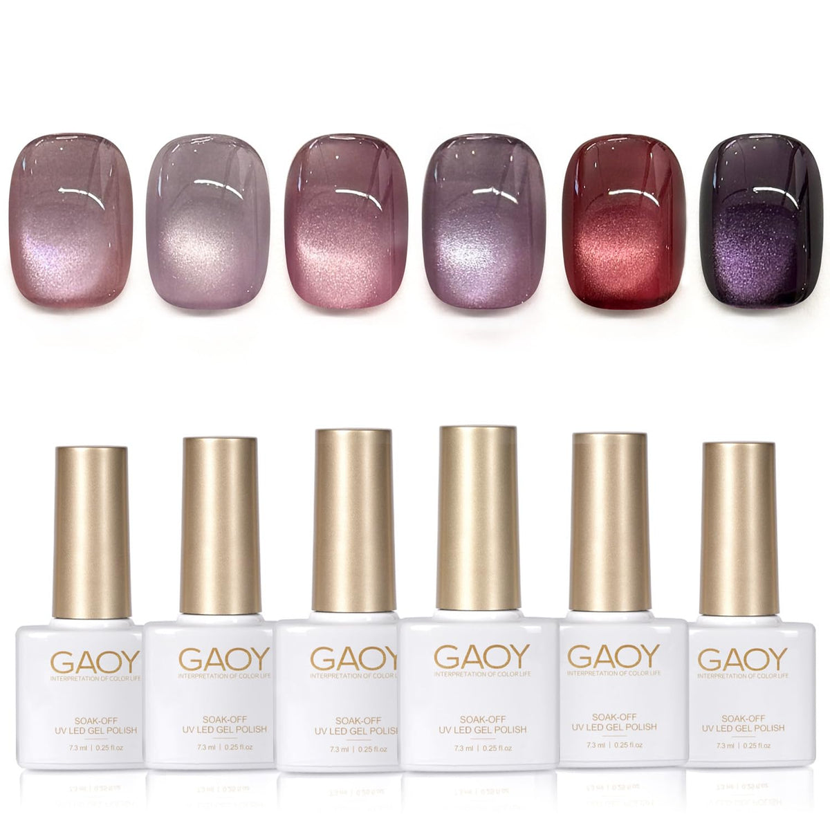 GAOY front packaging showing six vivid violet bottles and included magnet for quick selection