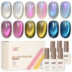 GAOY front packaging showing six glitter gel bottles and magnet, professional kit benefit