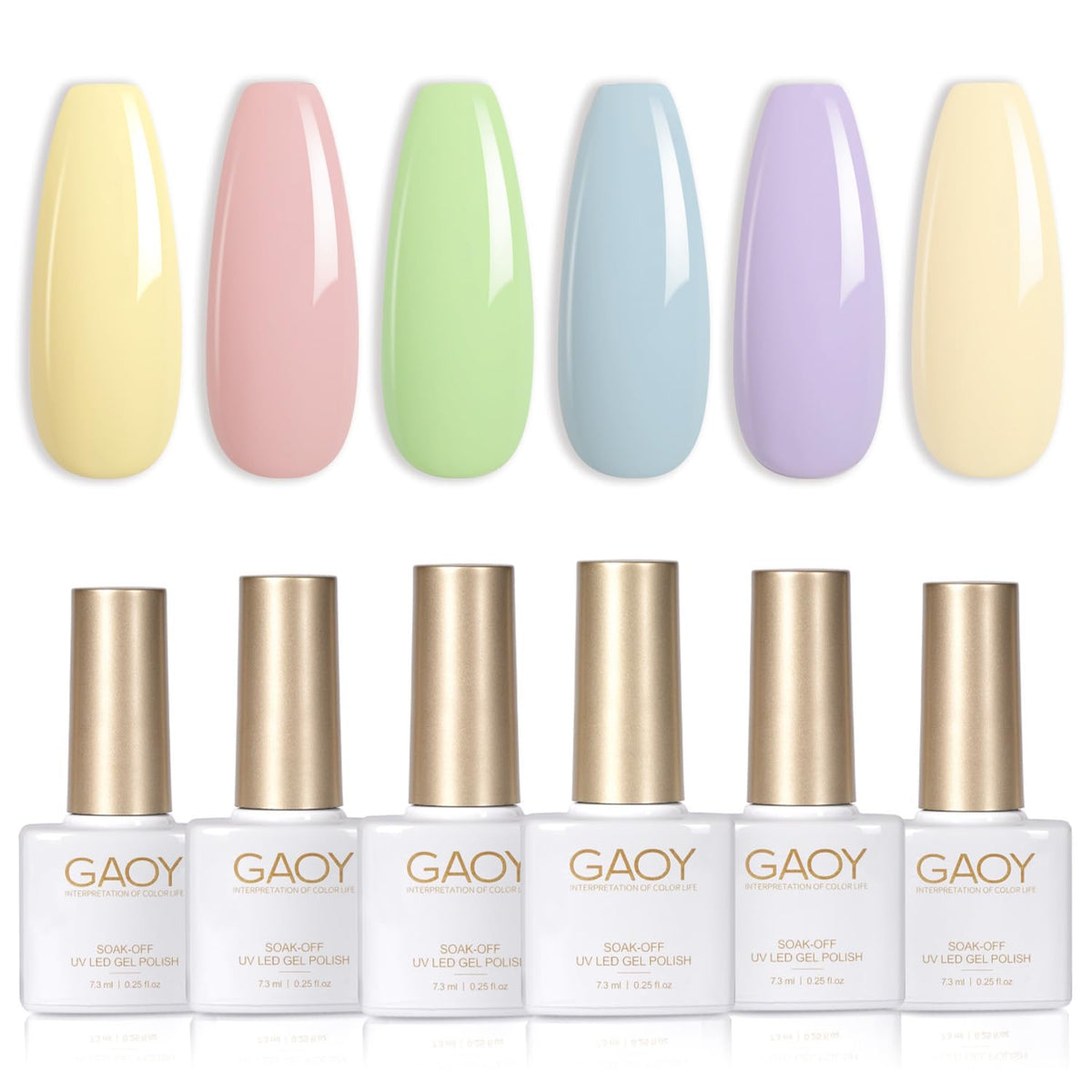 GAOY front packaging showing six gel polish bottles and benefits