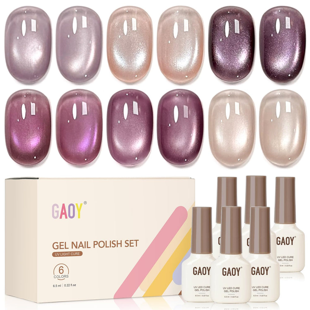 GAOY front packaging showing six holographic gel bottles and magnet, clear kit view benefits