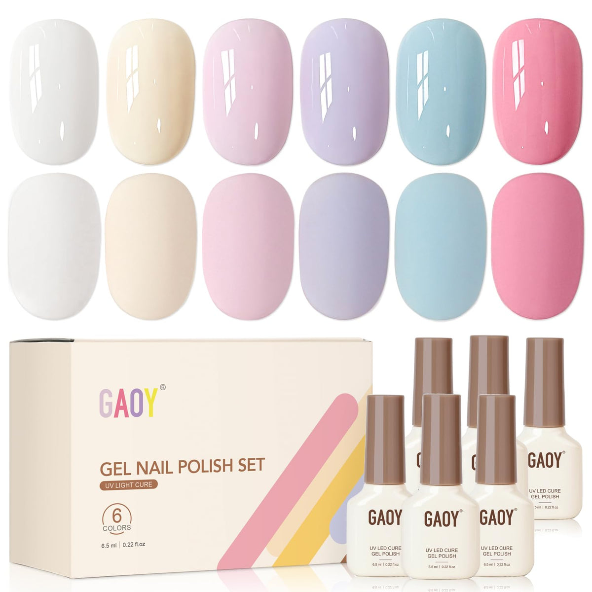 GAOY front packaging showing six pastel gel polish bottles, ideal for coordinated looks