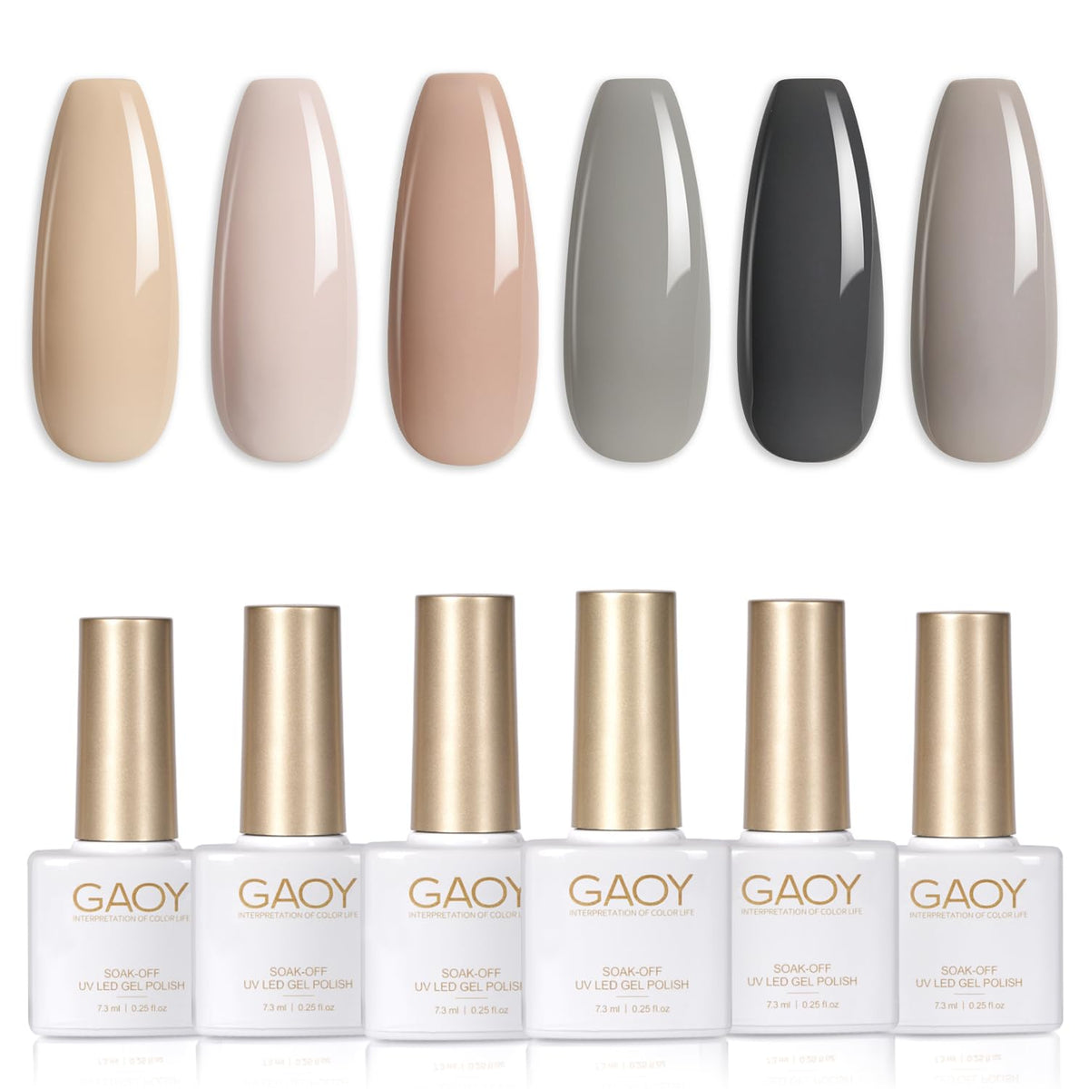 GAOY front packaging showing six neutral gel polish bottles and kit benefit