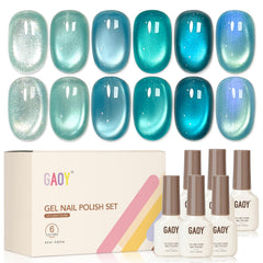 GAOY front packaging showing six holographic blue gel bottles and magnet benefit salon finish