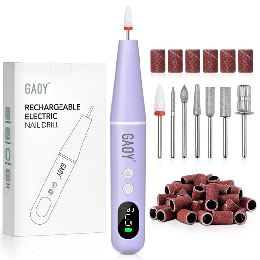 GAOY cordless nail drill front view showing compact violet body and ergonomic grip for control