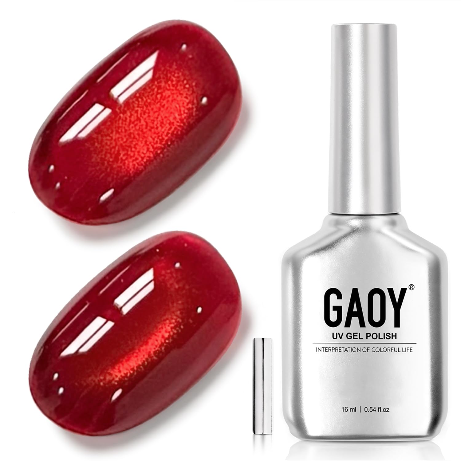 GAOY bottle front view showing blood red reflective polish and label, vivid shine