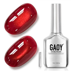 GAOY bottle front view showing blood red reflective polish and label, vivid shine