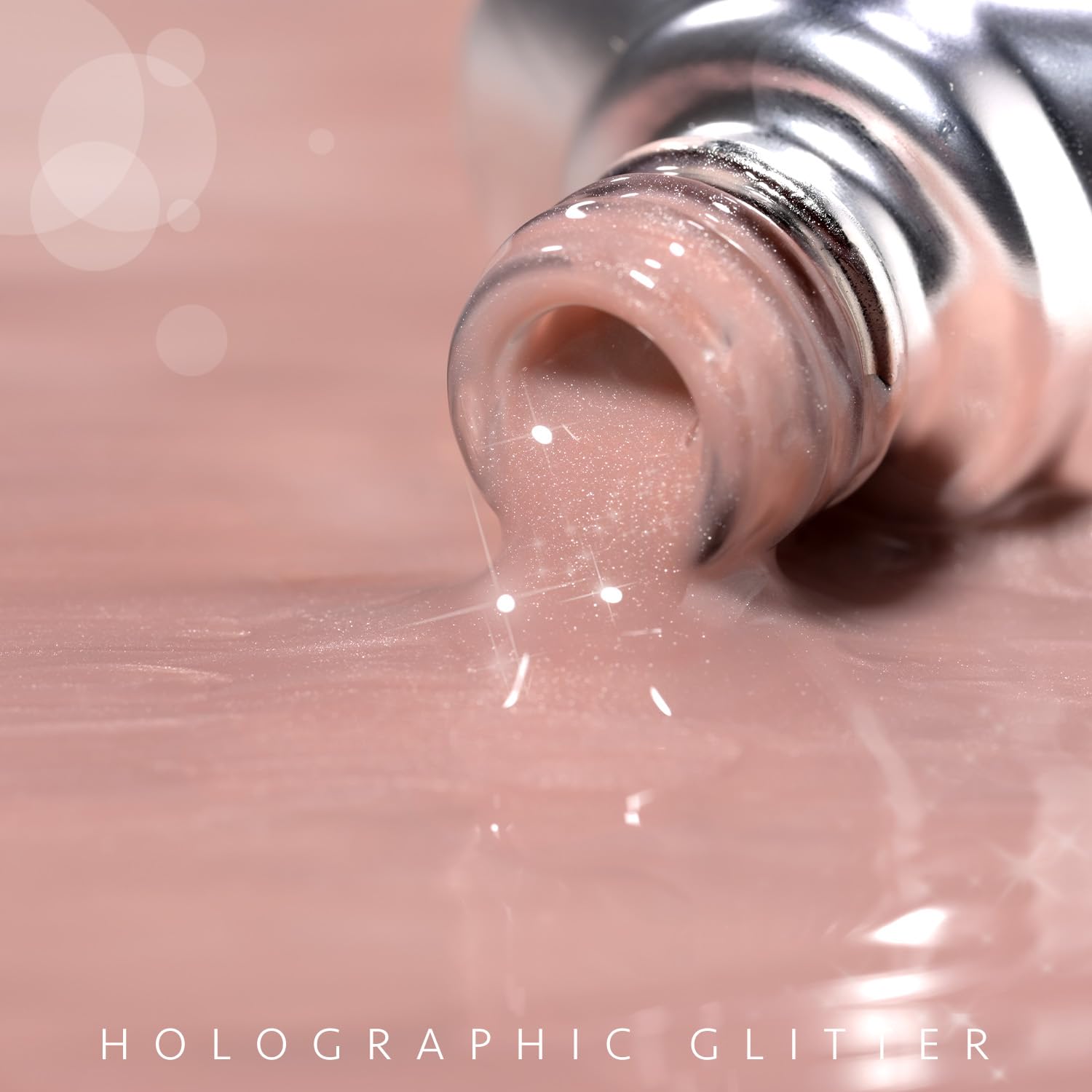 GAOY finished manicure lifestyle shot showing glossy reflective nude sparkle