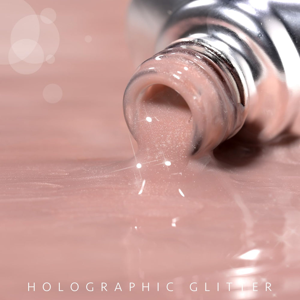 GAOY finished manicure lifestyle shot showing glossy reflective nude sparkle