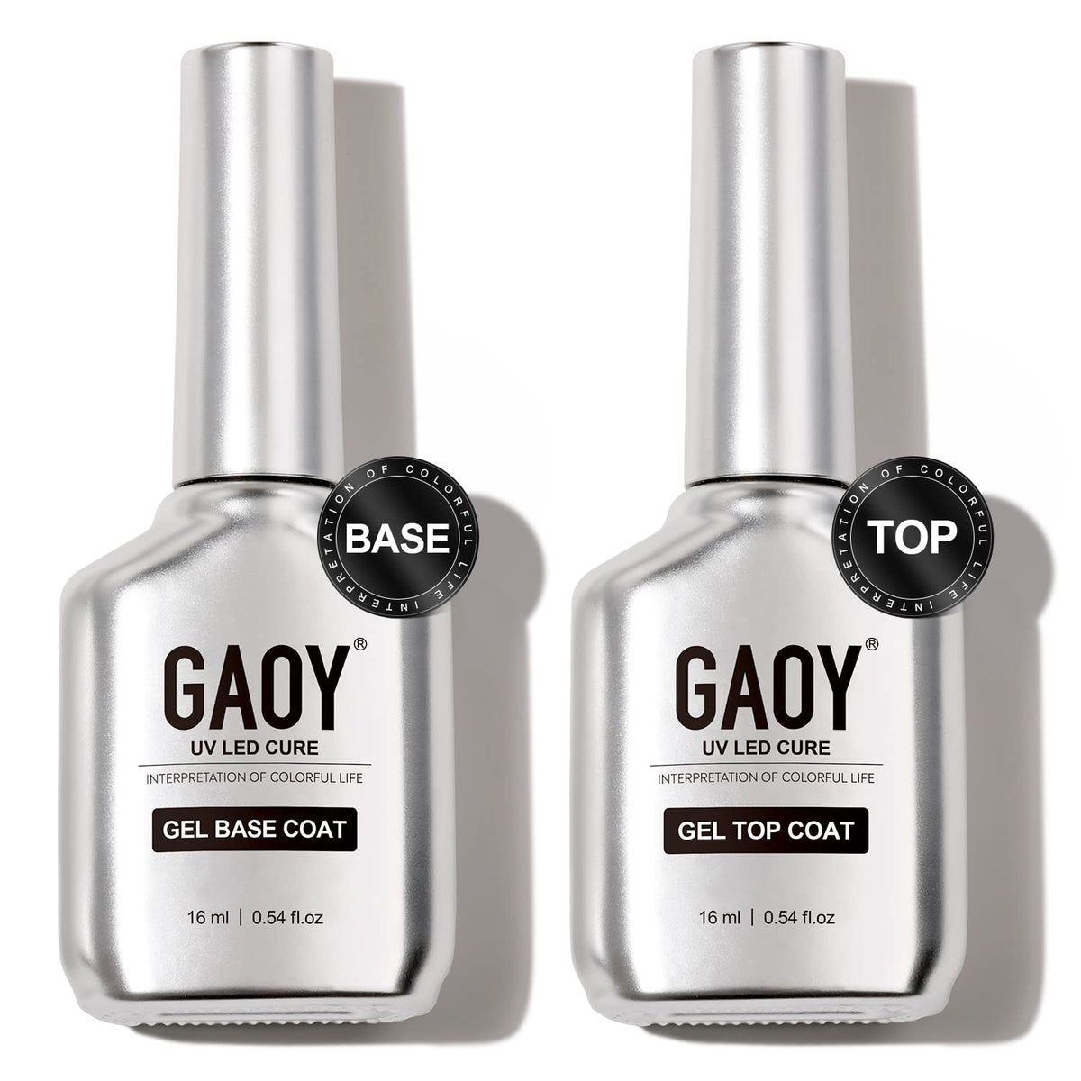 GAOY front packaging showing two 16ml chrome-silver bottles and clear branding benefits shine