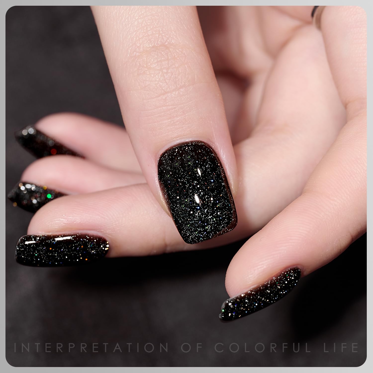 GAOY nails under flash highlighting mirror-like sparkle for photos