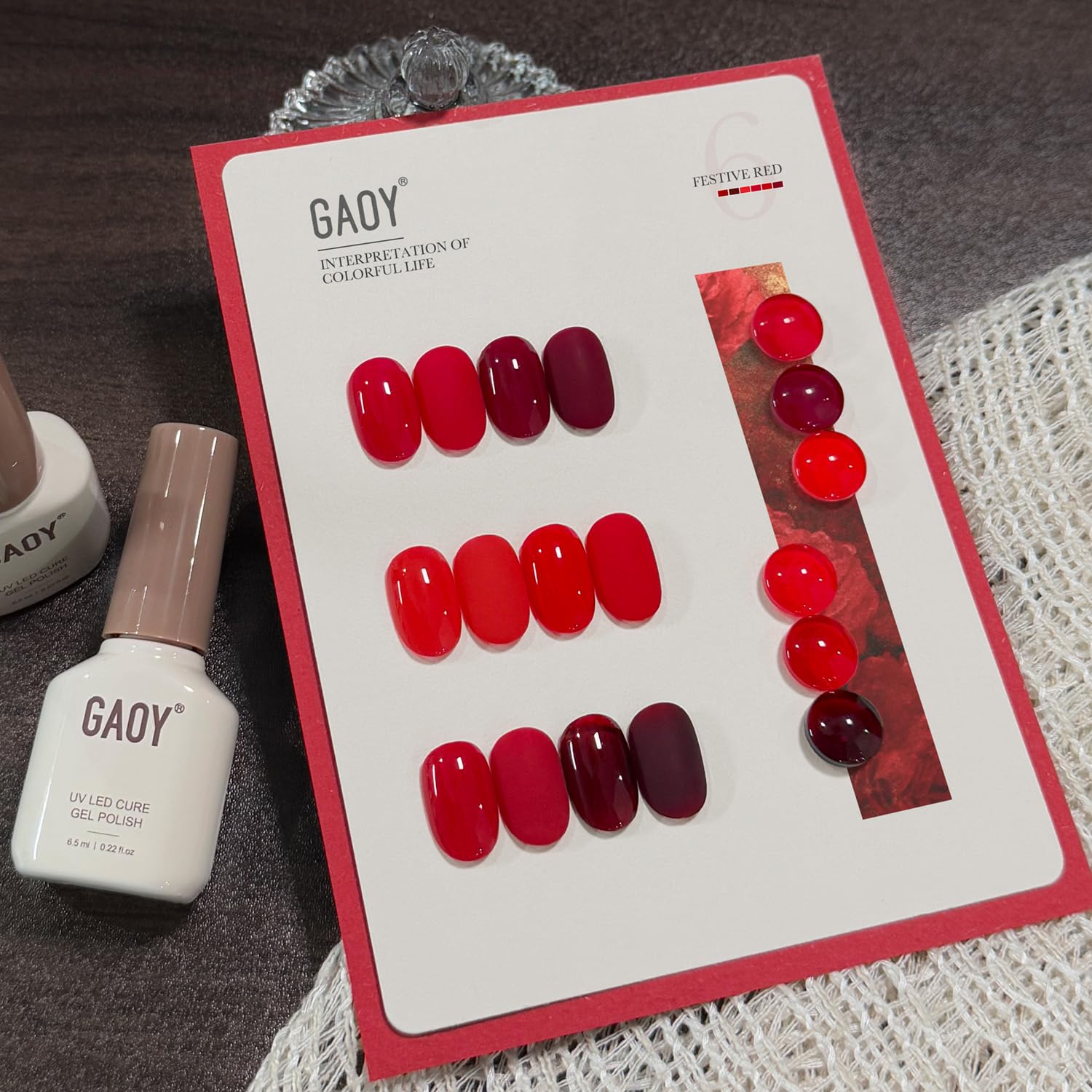 Close-up glossy manicure using GAOY red gel showing smooth salon shine