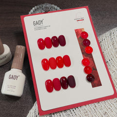 Close-up glossy manicure using GAOY red gel showing smooth salon shine