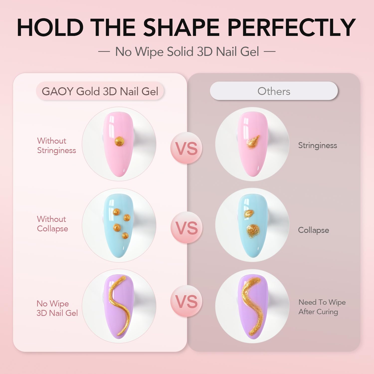 GAOY gold 3D nail gel being applied to a nail offering precise control and clean lines