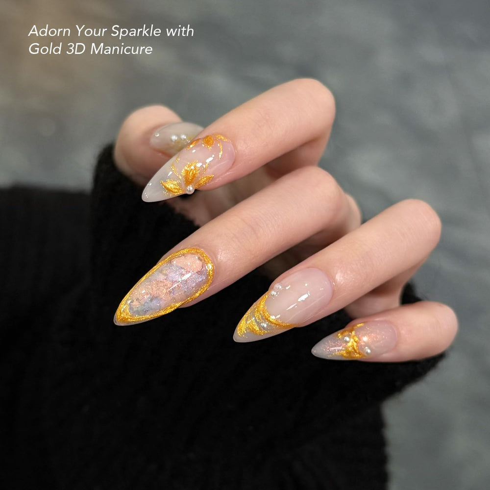 GAOY gold 3D nail gel in a salon setting creating 3D floral nail art for professional results