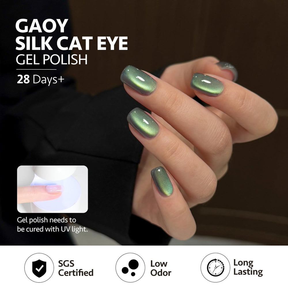 GAOY manicured hands in a lifestyle setting displaying finished mossy glade reflective nails