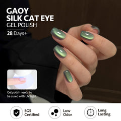 GAOY manicured hands in a lifestyle setting displaying finished mossy glade reflective nails