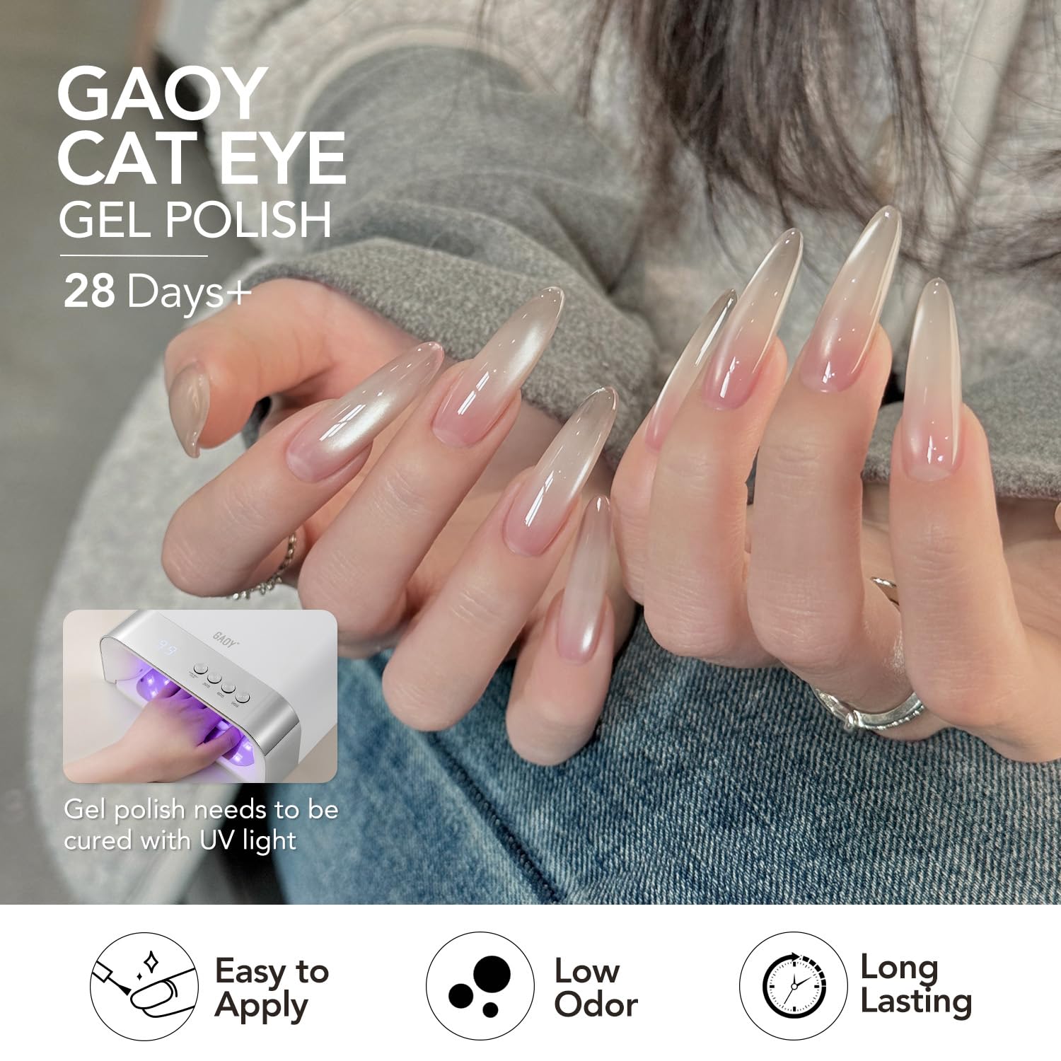 GAOY holographic swatch on a nail tip showing beachy shimmer and layered depth