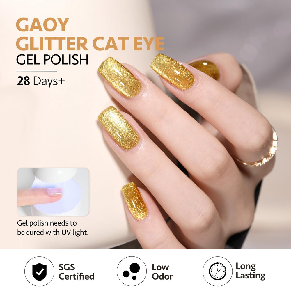 GAOY magnet held over cured polish creating a vivid cat-eye band for dramatic nails
