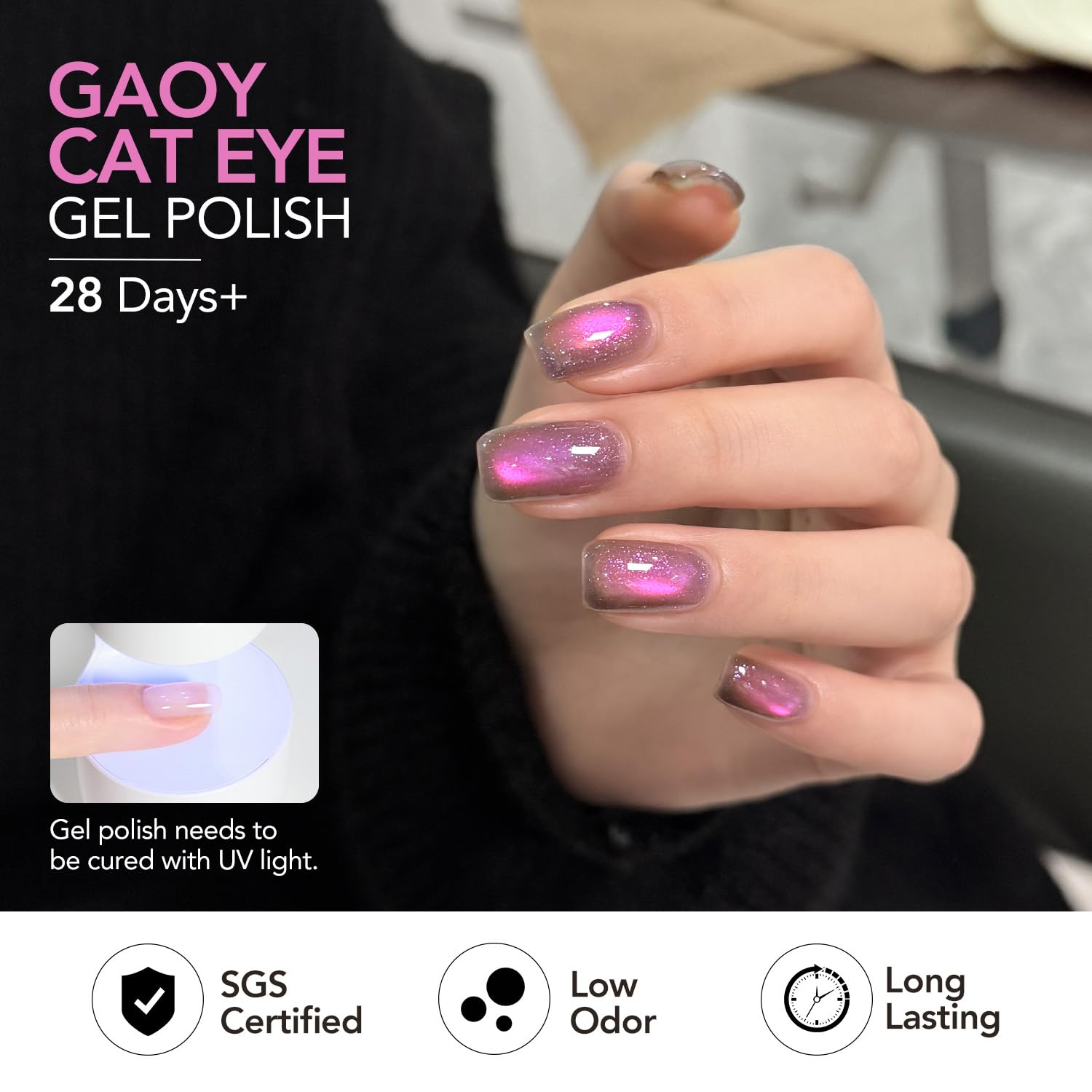 GAOY in-use manicure with cat-eye stripe, easy at-home salon-like result