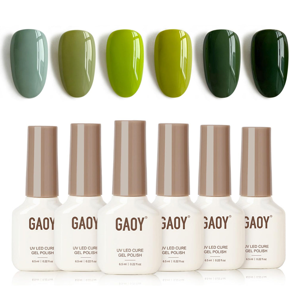 GAOY front packaging showing three green gel bottles and glossy finish benefit