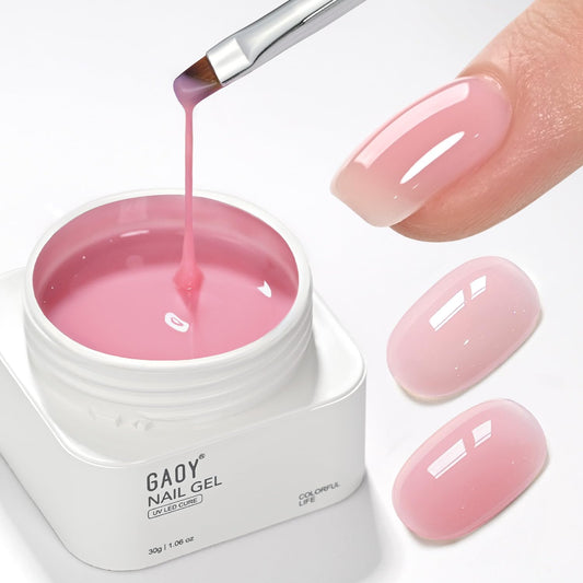 GAOY jar front view showing Flamingo Pink builder base and clear label benefit