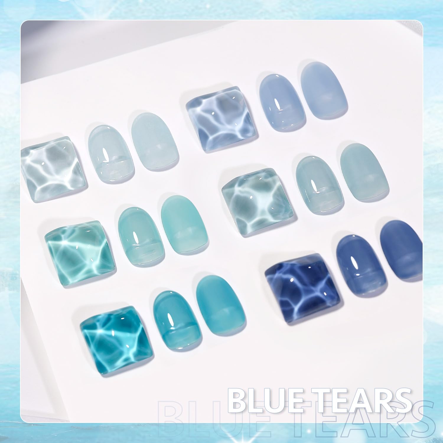GAOY jelly blue manicure in a beach setting highlighting wearable, glassy seaside tones