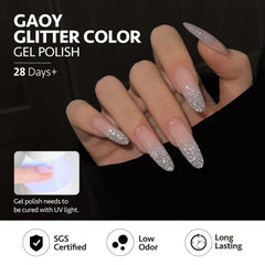GAOY lifestyle shot of dressed-up manicure demonstrating long-lasting glossy sparkle