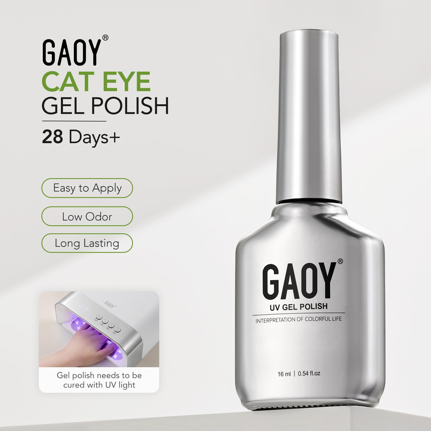 GAOY finished lime green manicure on hand demonstrating wearable holographic effect