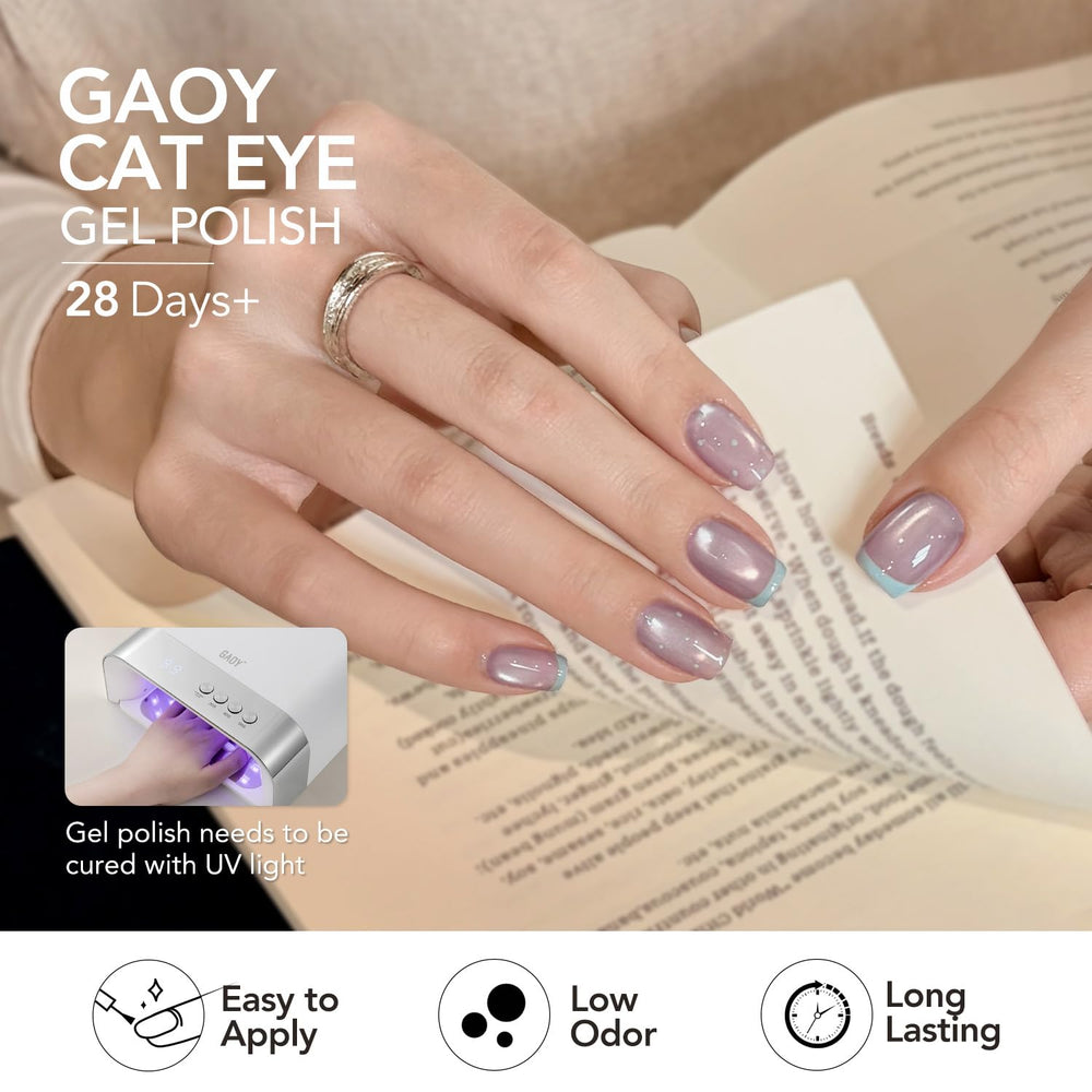 GAOY finished manicure on hands showcasing layered translucent cat eye shine