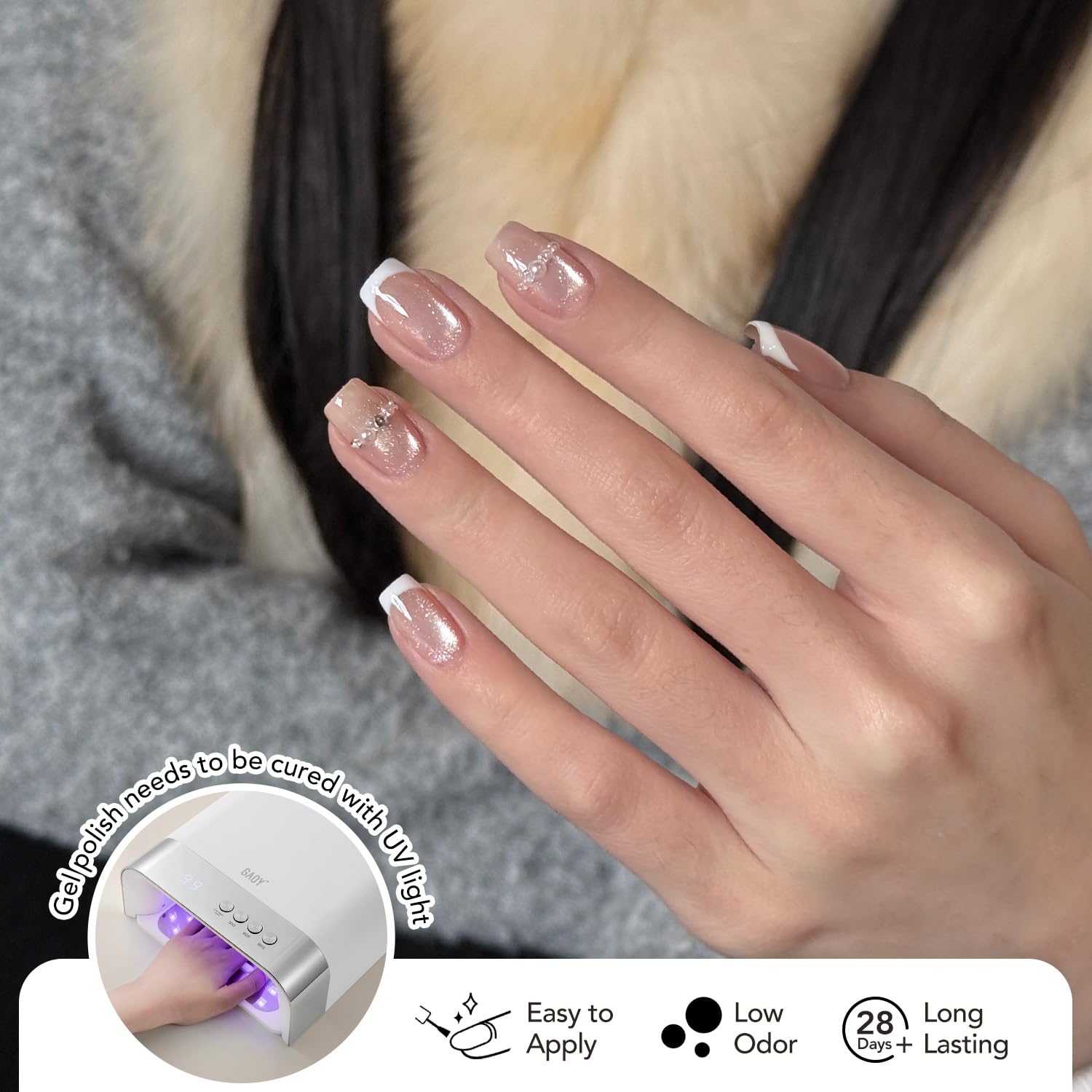 GAOY finished manicure on model hands showing salon-quality holographic effect