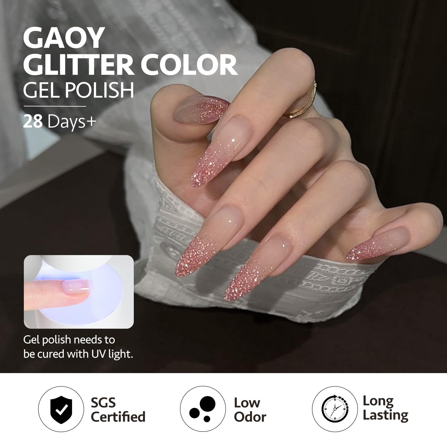 GAOY party manicure lifestyle shot showing vibrant sparkle ideal for events