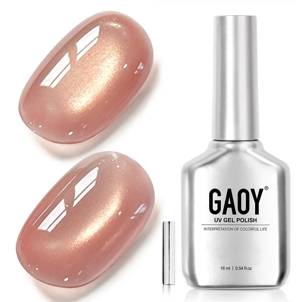 GAOY bottle front view showcasing light salmon shade and glossy finish