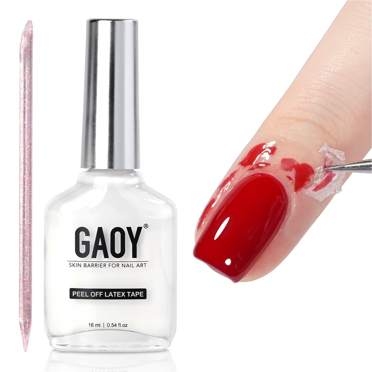 GAOY bottle front view showing label and compact size, helps neat polish