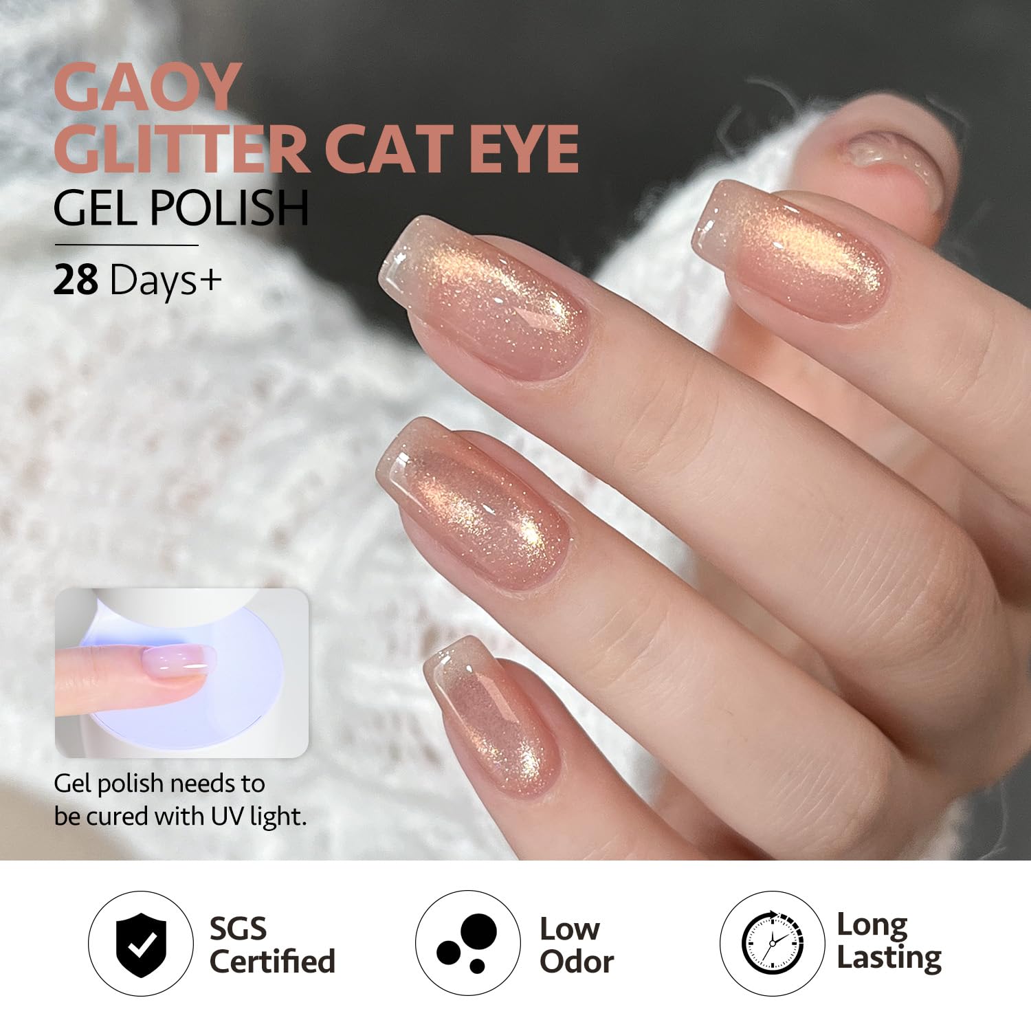 GAOY magnet held over wet polish creating cat eye stripe, precise effect control benefit