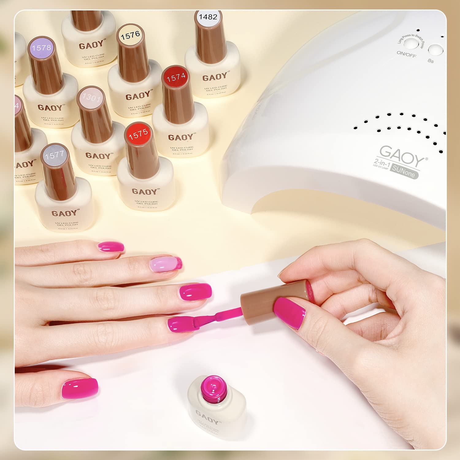 GAOY manicure lifestyle setting showing finished nails and at-home professional look
