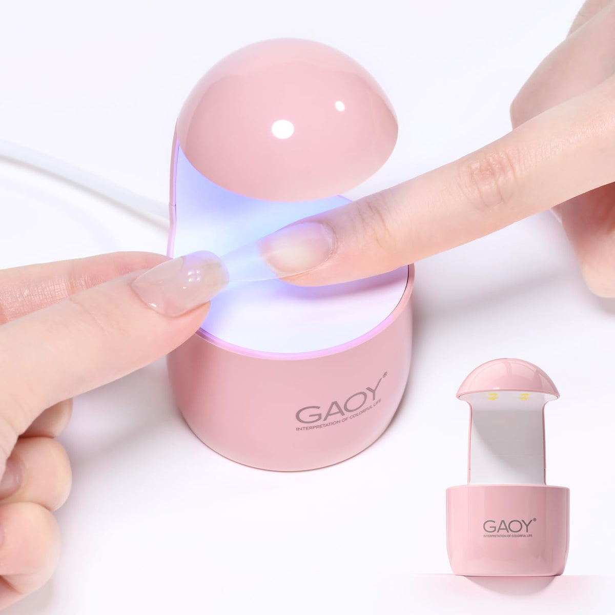GAOY mini UV light front view showing compact shape and eggshell pink finish for portability