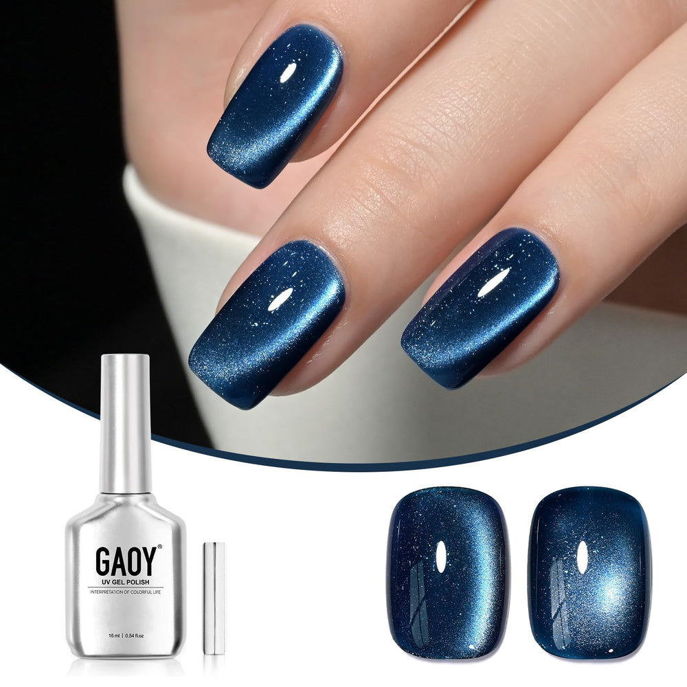 GAOY front bottle of Mystic Blue gel showing label and shimmer benefits
