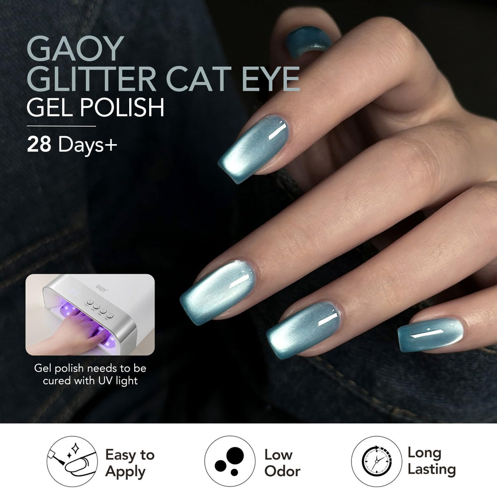 GAOY finished manicure showing holographic cat-eye nails, salon-quality shine and durability benefit