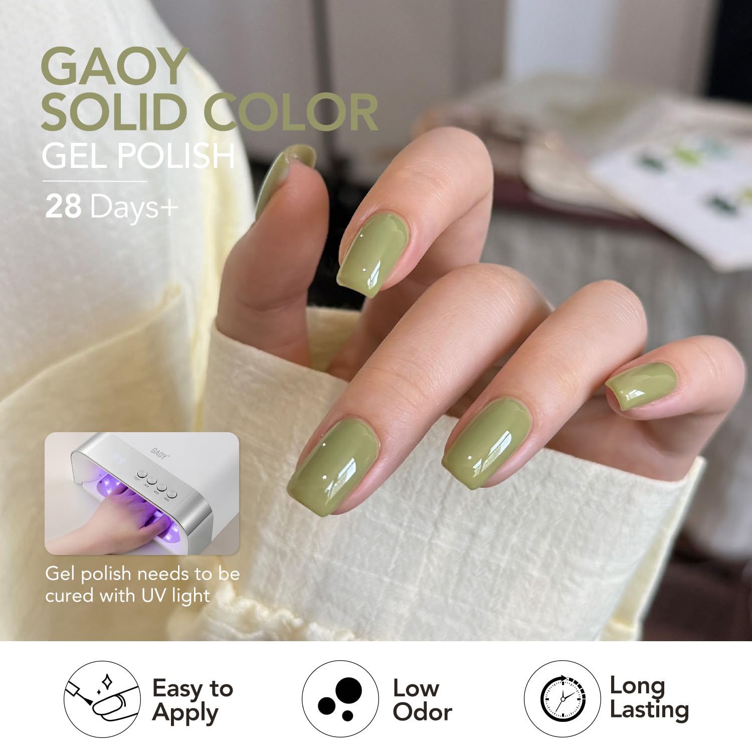 GAOY model hand with gemstone nail art demonstrating long-lasting salon finish